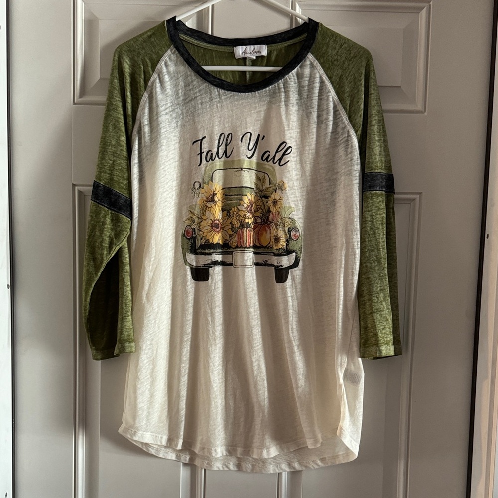 Green and White Long Sleeve Tee with Fall Graphic